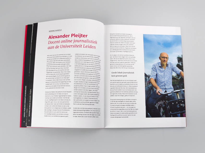 NLPO, nederlandse, lokale, publieke, omroep, drukwerk, grafisch ontwerp, boekontwerp, publicatie, magenta, spread, interview