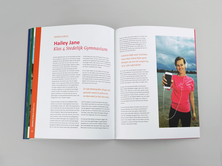 NLPO, nederlandse, lokale, publieke, omroep, drukwerk, grafisch ontwerp, boekontwerp, publicatie, magenta, spread, interview