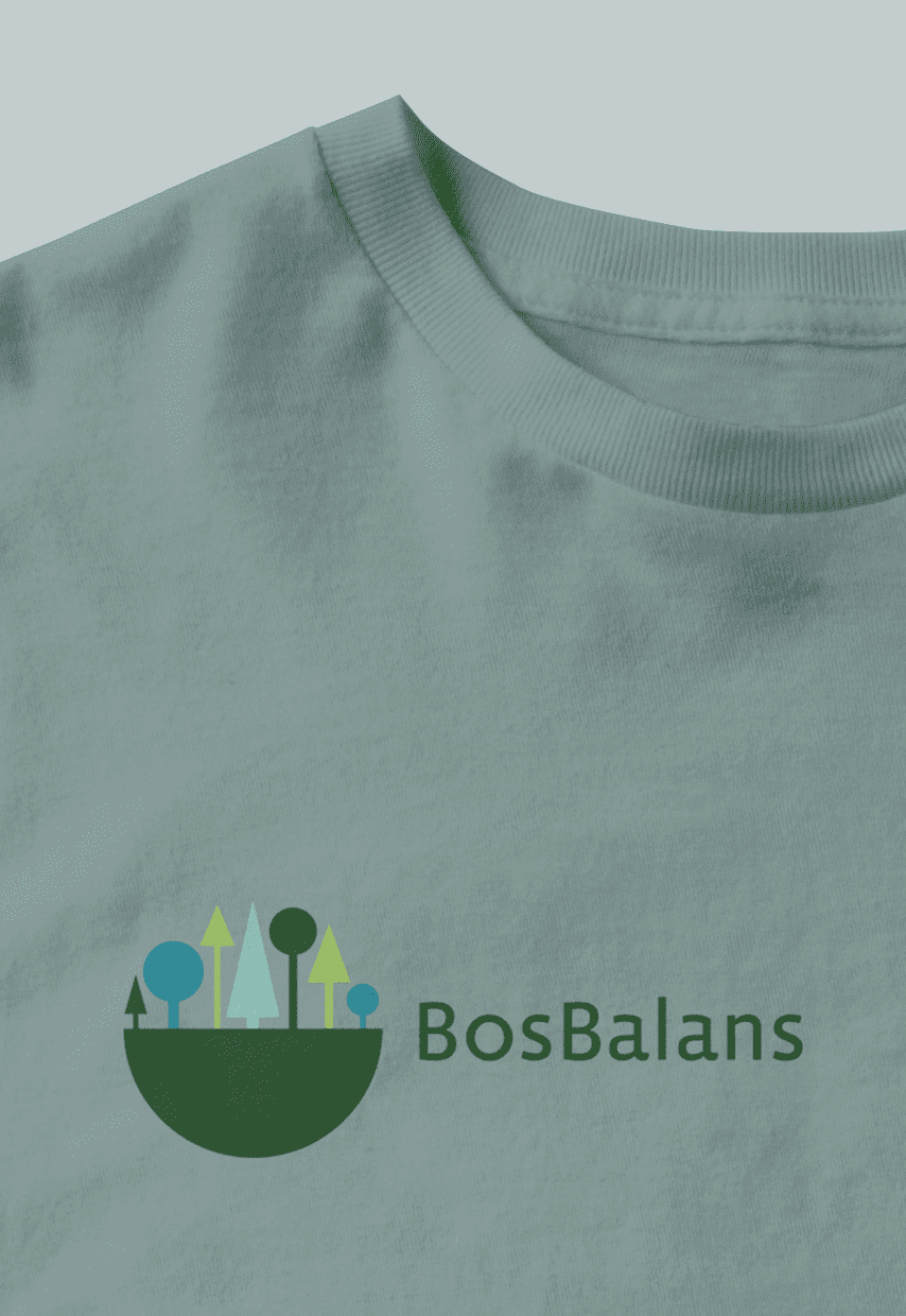 Bosbalans, identiteit, huisstijl, logo, visitekaartje, balans, bossen, groen, blauw, t-shirt