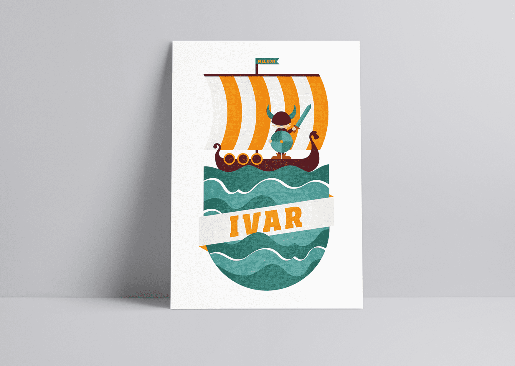 Geboortekaartje, Ivar, Viking, Boot, Water, Jongen, Baby, Boy, Birth, card, Geel, Yellow, Blue, Vicky, stoer, illustratie, illustration, wereld, persoonlijk