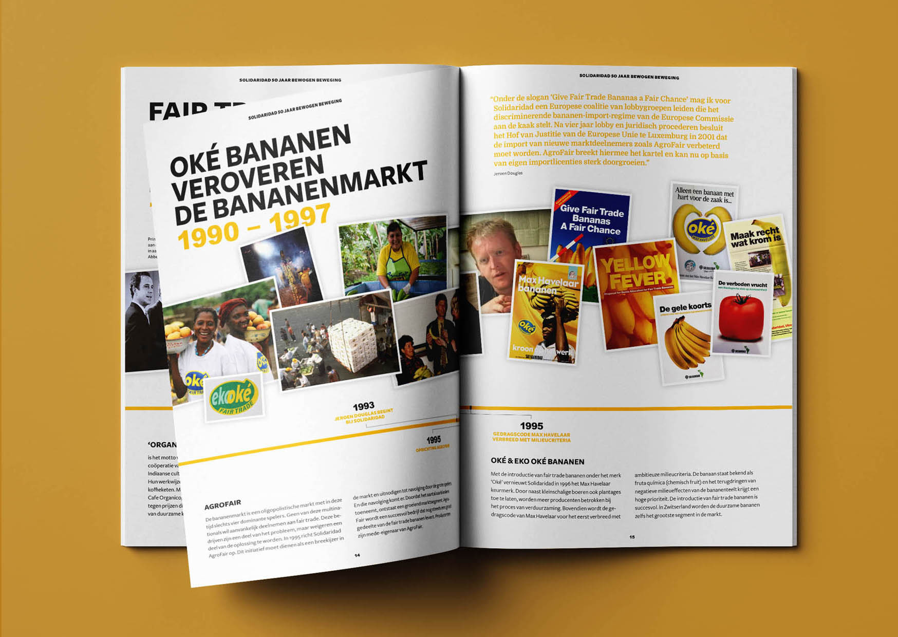 magazine, jubileum, solidaridad, goud, tijdlijn, 50 jaar, belangenorganisatie, editorial, grafisch ontwerp, graphic design, oké bananen