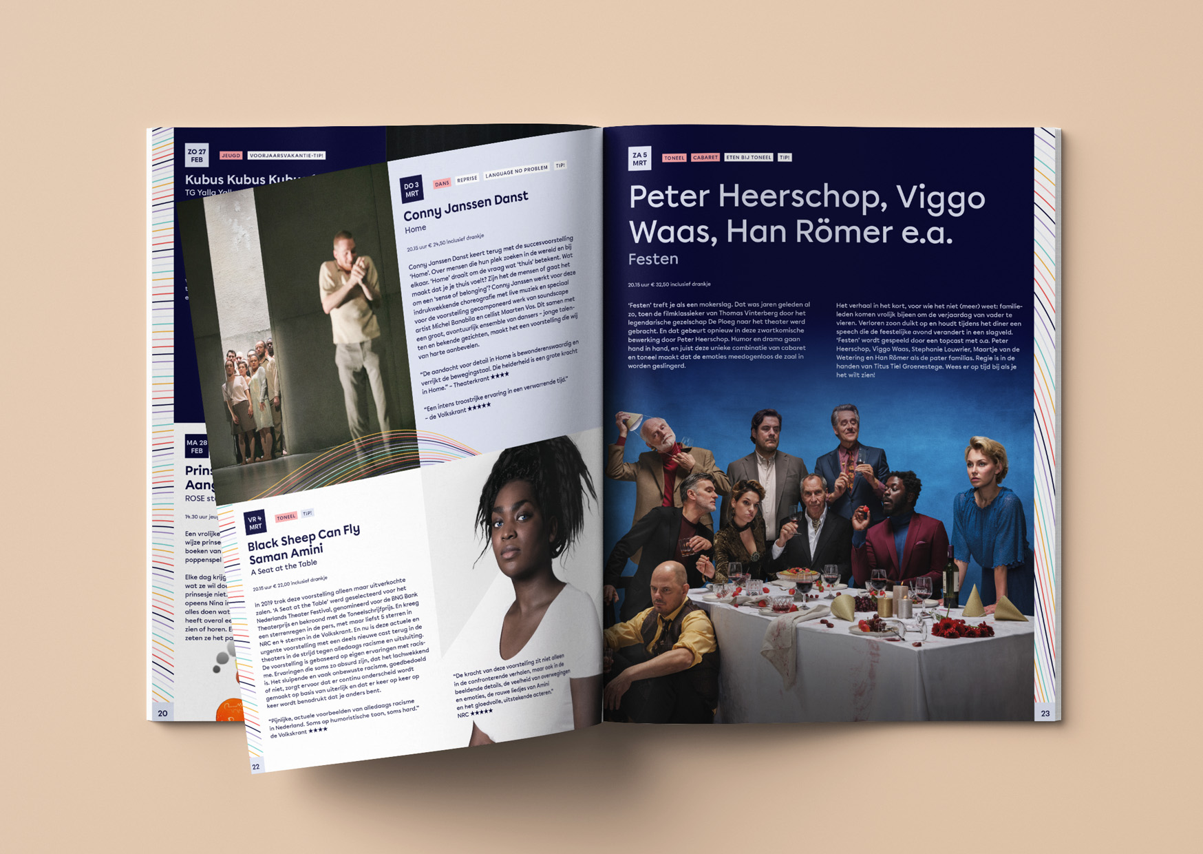 Theater de Veste, theater, seizoensbrochure, brochure, grafisch ontwerp, editorial, opmaak, lay-out, cultureel, 2021, dans, toneel, cabaret, college, debat, dans, concert, jeugd