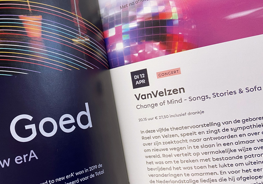 Theater de Veste, theater, seizoensbrochure, brochure, grafisch ontwerp, editorial, opmaak, lay-out, cultureel, 2021, dans, toneel, cabaret, college, debat, dans, concert, jeugd